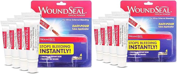 WoundSeal Powder 4 Each (Pack of 2) - Wound Care First Aid for Cuts, Scrapes and Abrasions - Stops Bleeding in Seconds Without Stitches or Bandages - Safe and Effective for People of All Ages and Pets