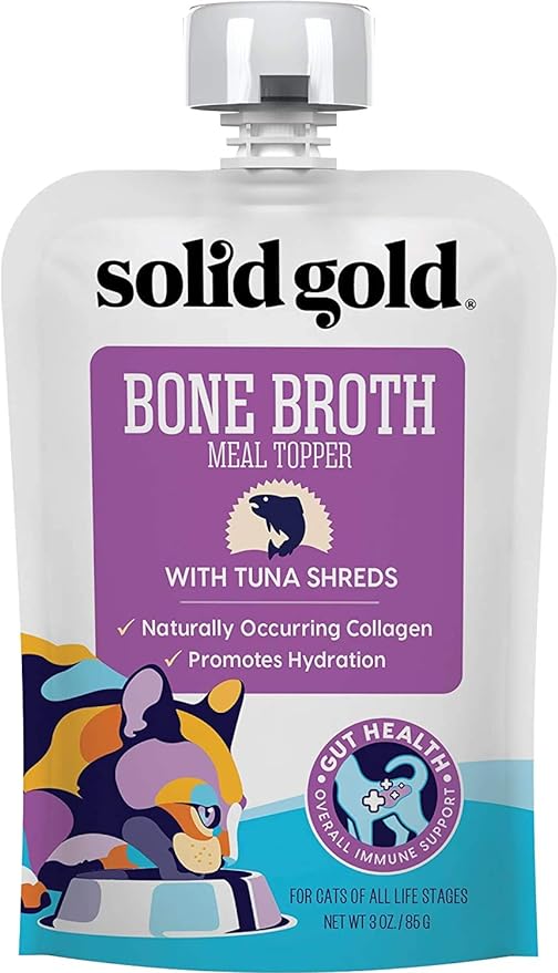 Solid Gold Bone Broth Cat Food Topper - Lickable Wet Cat Food with Protein Shreds for Hydration - Easy to Serve Wet Cat Food Gravy Bone Broth for Cats - Healthy Cat Snacks Treats - Tuna - 12 Pack