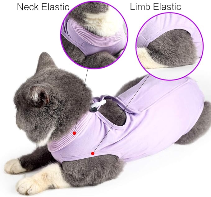 Cat Recovery Suit for Male and Female Surgical Post Surgery Soft Cone Onesie Shirt Clothes Neuter Licking Protective Diapers Outfit Cover Kitten Spay Collar(L, Purple)