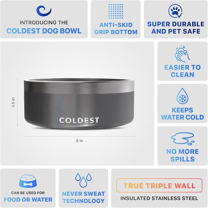 Coldest Dog Bowl - Anti Rust Metal & Non Slip Dog Bowls Large, Spill Proof Heavy Duty 3 Layers Insulated Dog Bowl - Food and Water Bowl for Dogs, Cats & Pets, Dishwasher Safe (64 oz, Stardust Glitter)