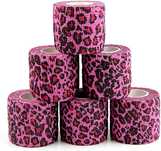 MUEUSS Pet First Aid Tape Self Adherent Cohesive Bandage for Dogs Cats Horses Breathable Non-Woven Elastic Self Adhesive Sport Tape for Knee Ankle (2inches 6rolls Pink Leopard)