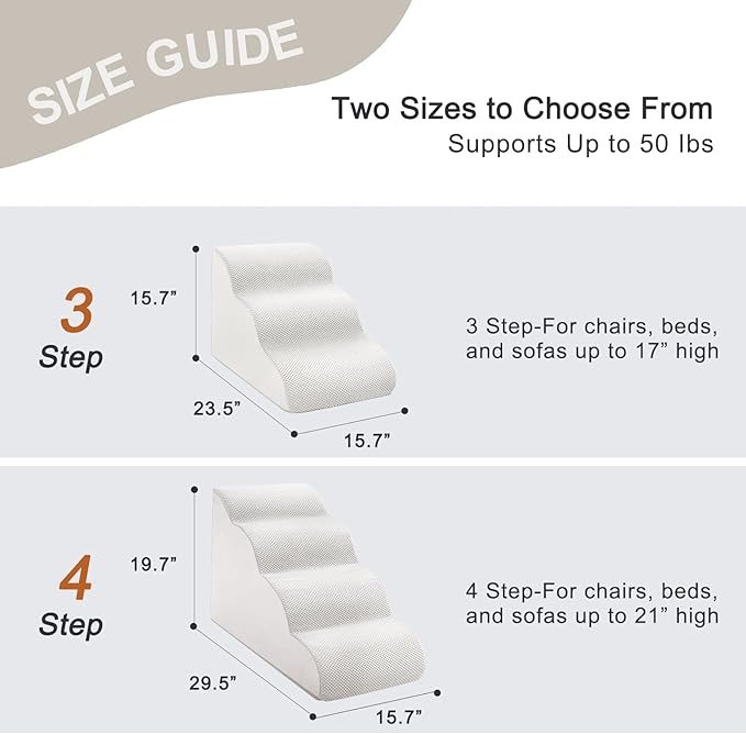 Dog Stairs Ramps for Small/Medium Dogs to Beds and Couch Up to 24'', 4-Step Dog Steps with Sturdy High-Density Foam, Pet Stairs with Non-Slip Bottom for Puppy and Cat, with Hair Remover Roller, White