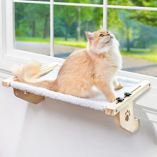 AMOSIJOY Cat Sill Window Perch Sturdy Cat Hammock Window Seat with Wood & Metal Frame for Large Cats, Easy to Adjust Cat Bed for Windowsill, Bedside, Drawer and Cabinet (24.4''-White Plush)