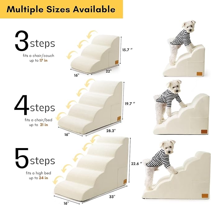 Dog Stairs for Small Dogs, JYpawsiepal dog steps for High Bed and Couch, Pet Ramp with High Density Foam, Non-Slip Balanced Indoor Pet Step,4 Steps Pet Stairs cream