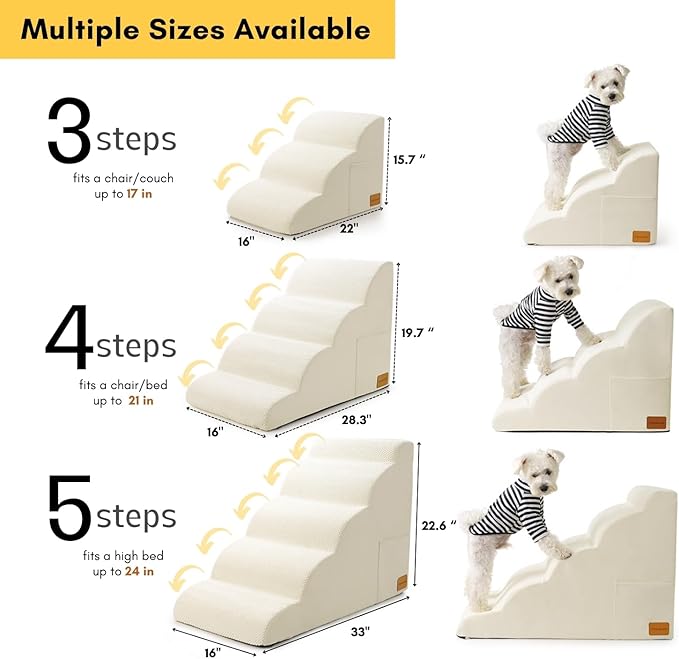 Dog Stairs for Small Dogs, JYpawsiepal dog steps for High Bed and Couch, Pet Ramp with High Density Foam, Non-Slip Balanced Indoor Pet Ramp 3 Step White Pet stairs