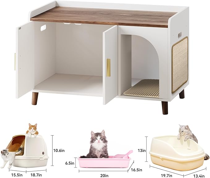 Cat Litter Box Enclosure,Hidden Litter Box Furniture with Scratching Mat&Litter Mat,Wooden Cat House as Side End Table Nightstand,Storage Cabinet,Large Modern Litter Box Cabinet,White&Brown