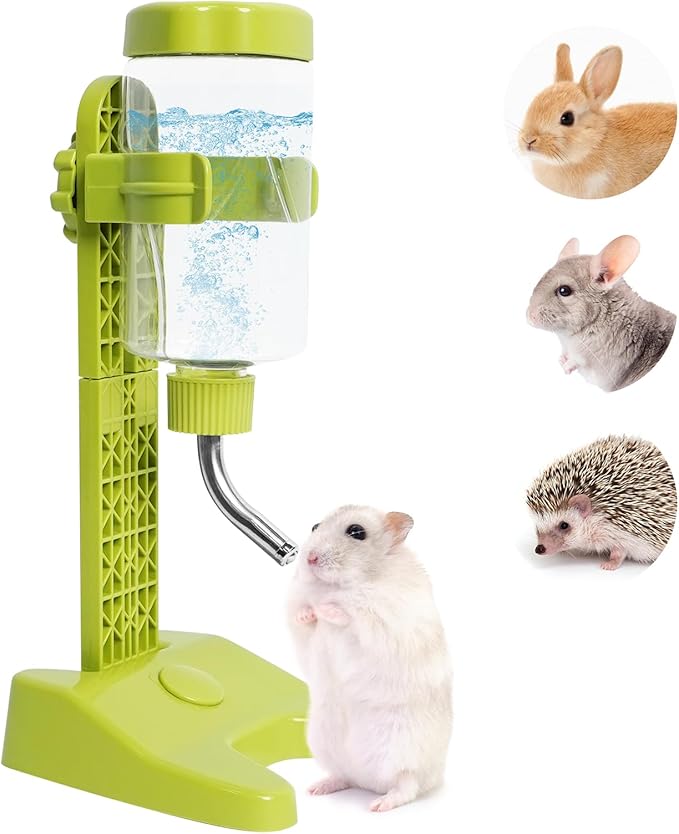 Pet Standing Water Dispenser Top Fill Dog Water Bottle Dispenser with Stand Leakproof Pet Slow Water Bottle for Small Animals, 13oz, BPA Free, Adjustable Height, Green