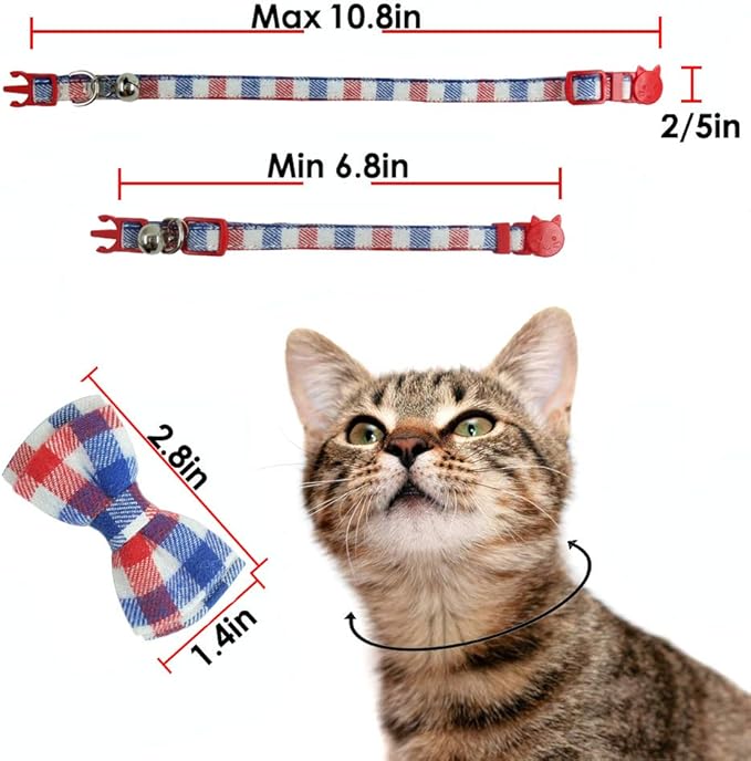 Cat Collar Breakaway with Bell and Bow Tie, Plaid Design Adjustable Safety Kitty Kitten Collars(6.8-10.8in) (Red/White/Blue)