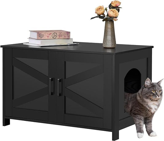 Cat Litter Box Enclosure,Litter Box Furniture Hidden with Barn Door,Wooden Cat Washroom Furniture,Cat House,Fit Most of Litter Box, Black