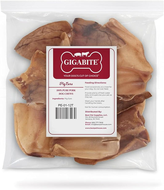 Best Pet Supplies GigaBite Roasted Pig Ears for Dogs, Natural and Healthy Chews, Treats in Whole, Slices, or Sticks, Safe for Puppies and Aggressive Chewers, Clean Teeth and Gums - Pack of 12