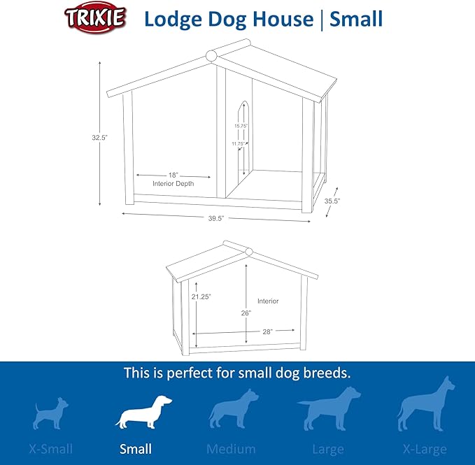 TRIXIE natura Lodge Dog House, Covered Porch, Hinged Roof, Adjustable Legs, Brown, Small