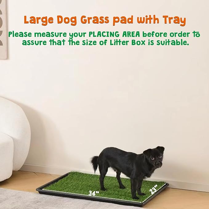 HQ4us Dog Grass Pad with Tray Large 34”×23” Dog Litter Box Toilet with 2×Artificial Grass for Dogs with Hemmed Edge, Pee Pads for Dogs, Realistic, Less Stink, Potty for Balcony