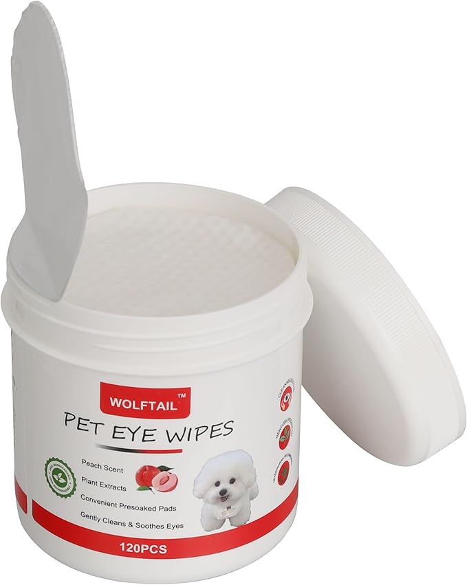 Dog Eye Wipes, Tear Stain Remover for Dogs & Cats - 120pcs Remove Eye Discharge and Crust - Pet Cleaning Grooming Deodorizing Wipes for Eyes/Face, Natural and Non-Irritating Peach Scent