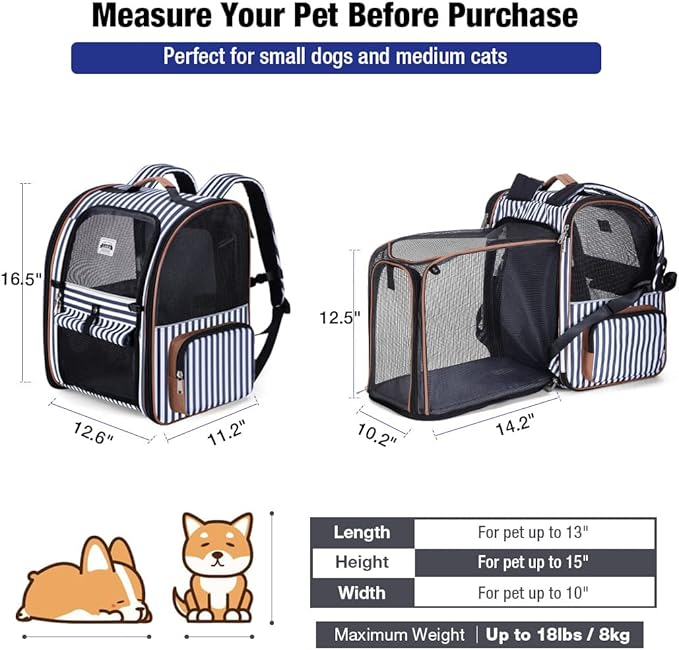 Lekebobor Large Cat Backpack Carrier Expandable Pet Carrier Backpack for Small Dogs Medium Cats Fit Up to 18 Lbs, Dog Carrier Backpack,Puppy Backpack Carrier, Blue Striped