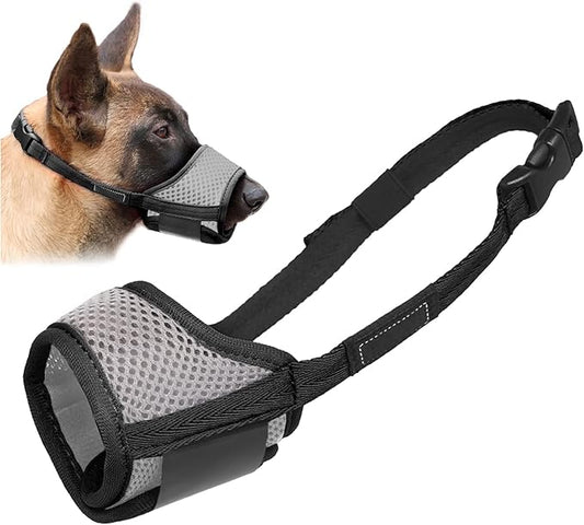 Dog Muzzle Anti Biting Barking and Chewing with Comfortable Mesh Soft Fabric and Adjustable Strap, Suitable for Small, Medium and Large Dogs(Gray Base,L)