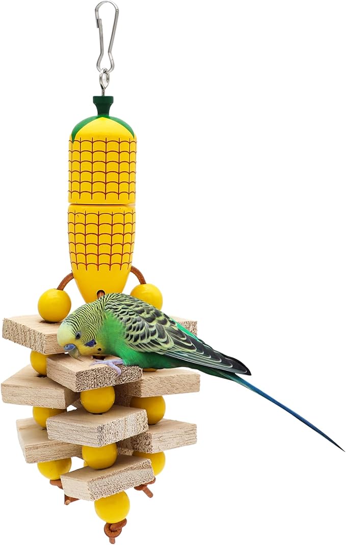 Bird Parrot Toys with Wood Blocks Beads and Colorful Ball, Corn Style Hanging Parrots Cage Chewing Cascade Bite Toy for Small Medium Birds (Corn-1p)