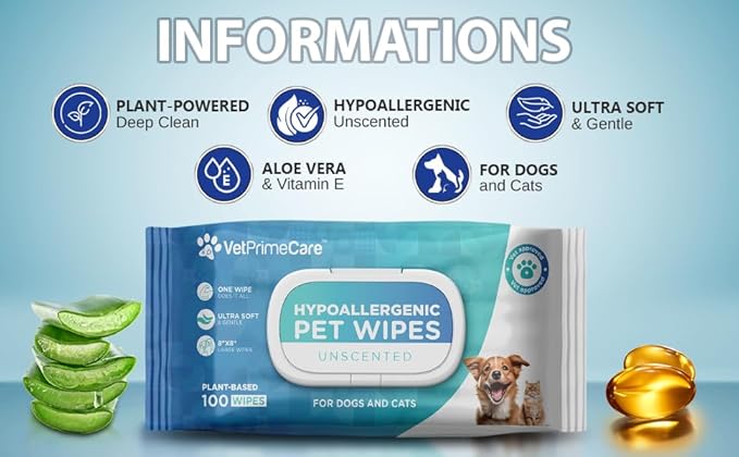 Pet Grooming Wipes for Dogs & Cats, 8” x 8” Plant-Based Hypoallergenic Wipes for Cleaning & Deodorizing, Suitable for Pets Body Like Face, Paws, Belly, and Butt, Unscented - 100 Count