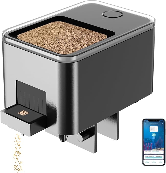 Bluetooth Fish Feeder Automatic Dispenser for Aquarium, Food Dispenser for Fish Tank with App Control, USB Powered, Suitable for Small Fish Tank Pelleted Food, Black