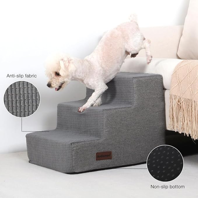 Dog Stairs for Small Dogs, Dog Steps for Couch and Bed, Non-Slip Bottom Pet Stairs for Small Dogs or Cats, Grey, 3 Steps