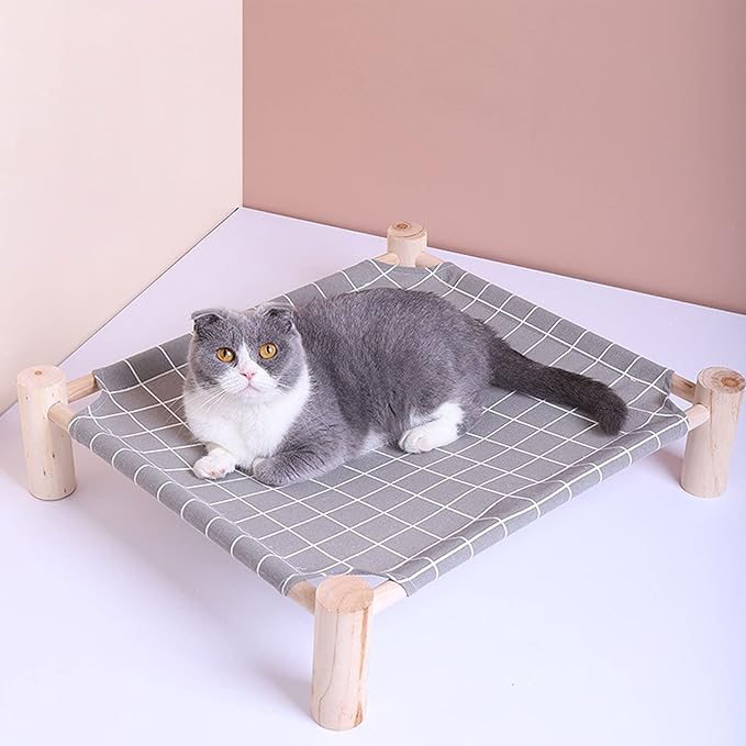 Pozico Cat/Dog Bed Hammock Cat Bed, Wooden Dog Elevated Indoor Outdoor Beds, Raised Cat Cots Furniture Pet Bed Puppy Bed Portable Breathable Mesh Cat Beds for Small Animals-Grey Grid