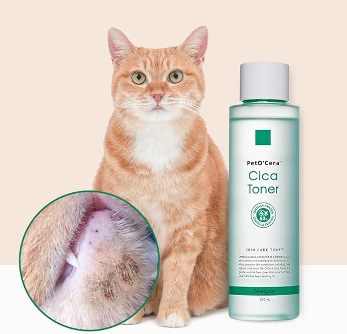 Breezytail PetO'Cera CICA Toner - Cat Acne Treatment | Cat Hot Spot Relief| Cat Blackhead Solution| Cat Soothing Toner | No Harsh Ingredients | Hypoallergenic Skin & Coat Care for Cats | 7.1 oz