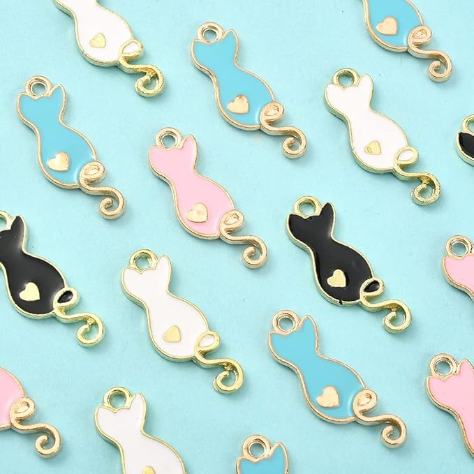 KitBeads 40pcs Mixed Styles Enamel Cat Charms Cute Sitting Cat Pet Charms Metal Little Animal Love Heart Cat Charms for Jewelry Making Bracelets Bulk