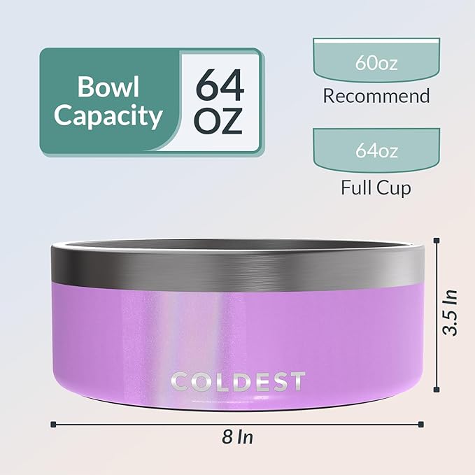 Coldest Dog Bowl, Anti Rust Metal & Non Slip Dog Bowls Large, Spill Proof Heavy Duty 3 Layers Insulated Dog Bowl, Food & Water Bowl for Dogs, Cats, Dishwasher Safe (64 oz, Saturns Purple Glitter)