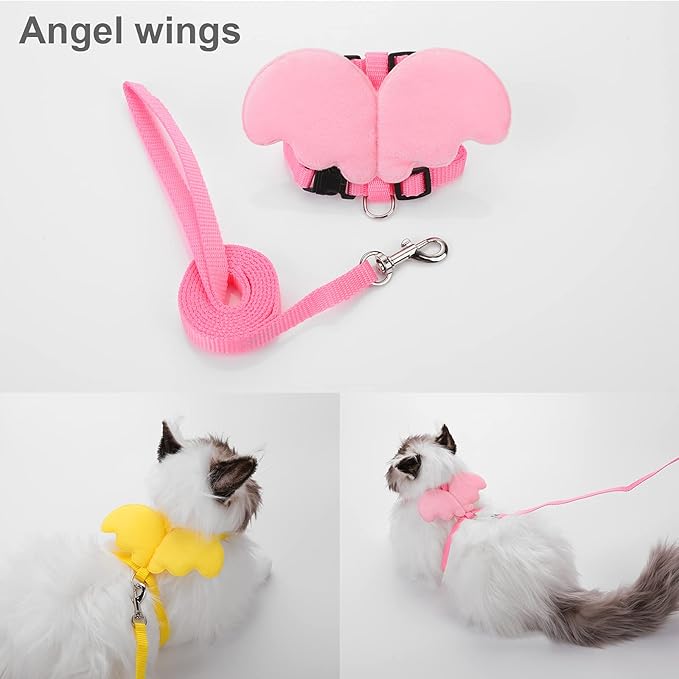 2Pcs Rabbit Harness and Leash, Adjustable Bunny Harness, Kitten Vest Harness and Leash Set, Cute Wings Pet Harness Leash Set for Bunny Puppy Kitten Ferret and Other Small Animals (Yellow+Pink)