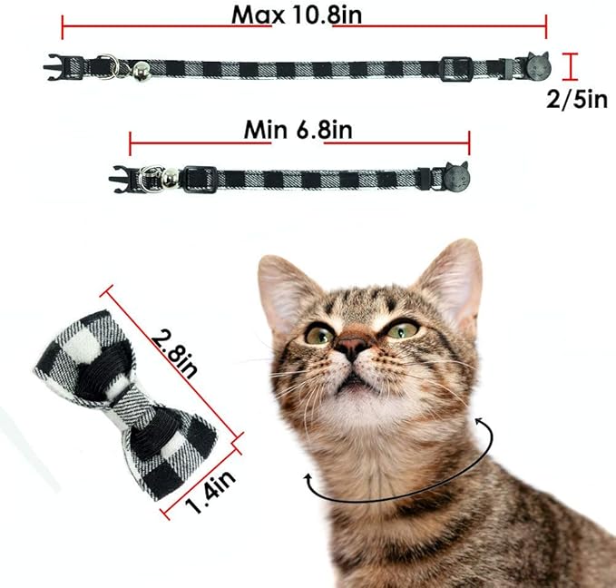 Cat Collars Breakaway with Bell and Bow Tie, Plaid Design Adjustable Safety Kitty Kitten Collar(6.8-10.8in) (Black Plaid)