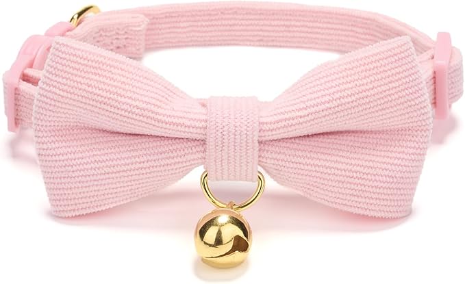 2 Pack Soft Corduroy Cat Collars with Bow Tie & Bell, Adjustable Breakaway Cotton Kitty Bowtie Collar for Girl Female Kitten (Pink & Purple)