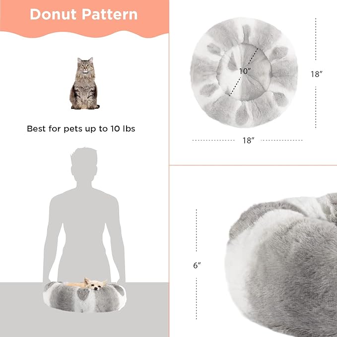 Best Friends by Sheri Patterned Lux Faux Fur Calming Small Donut Dog Bed, Gray, 18" x 18"