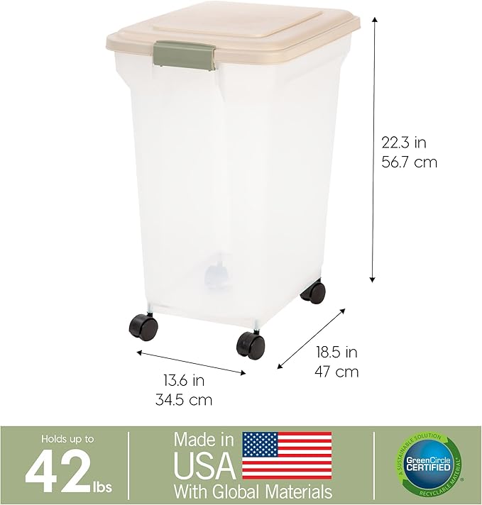 IRIS USA WeatherPro Airtight Dog Food Storage Container, Up to 42 lbs, Attachable Wheels, For Dog Cat Bird and Other Pet Food Storage Bin, Keep Fresh, Translucent Body, Clear/Almond