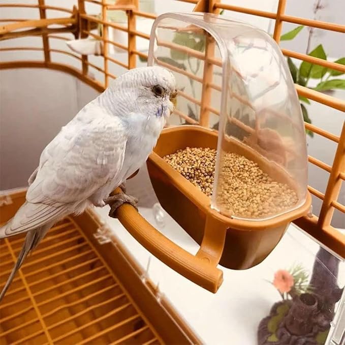 Bird Feeder Bird Cage Food Water Feeder Hanging Plastic Foods Feeding Box Parrot Cage Foods Container Cage Accessories (Brown)