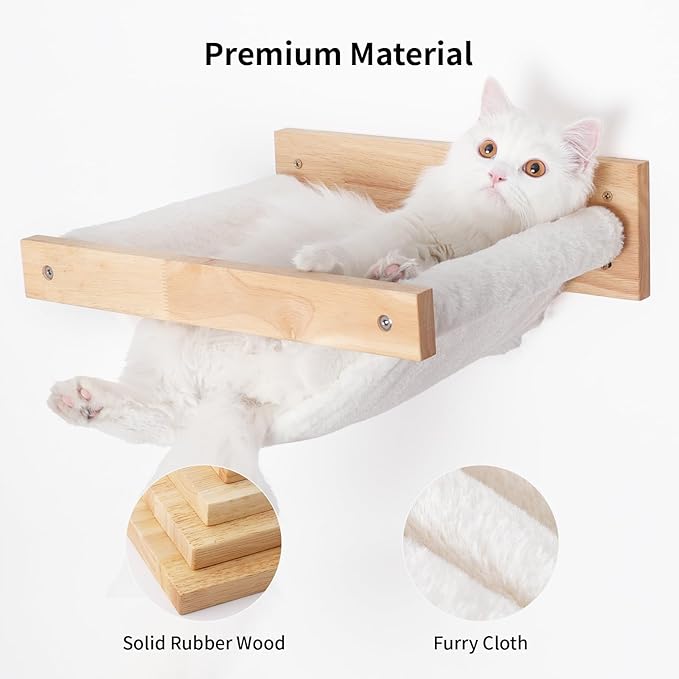 FUKUMARU Cat Hammock Wall Mounted, Kitty Beds and Perches, Wooden Cat Wall Furniture, Stable Cat Wall Shelves for Sleeping, Playing, Climbing, and Lounging, White Flannel Cat Shelves