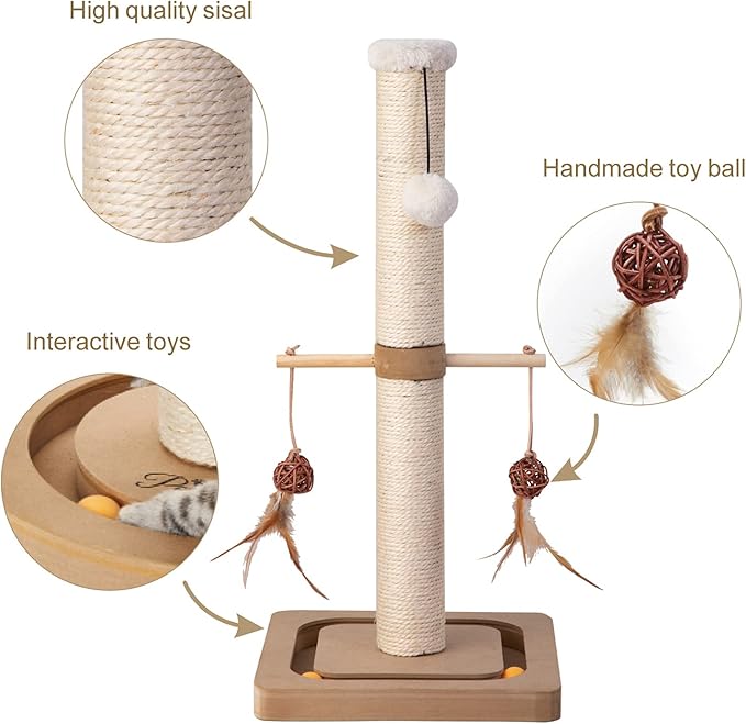 Cat Scratching Post Premium Sisal Toll Scratch Posts with Tracking Interactive Toys Vertical Scratcher for Indoor Cats and Kittens- 25 inches Beige