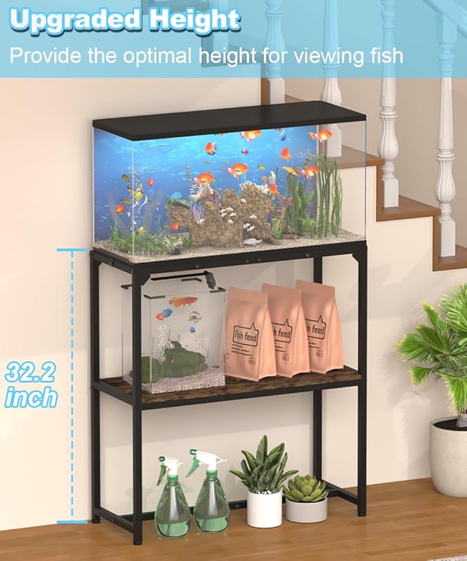 30 Gallon Fish Tank Stand, Upgraded Height Aquarium Stand Table with 2 Tiers Storage Shelf, Metal Reptile Breeder Turtle Terrarium Stand Rack for Home Office, 30" L x 12" W x 32.2" H, 660 LBS Capacity, Black