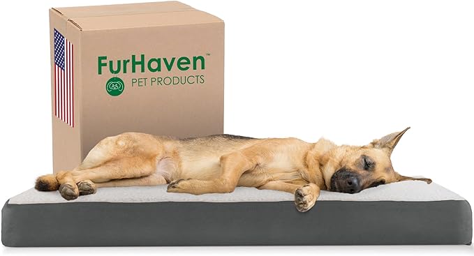 Furhaven Memory Foam Dog Bed for Large Dogs w/ Removable Washable Cover, For Dogs Up to 95 lbs - Sherpa & Suede Mattress - Gray, Jumbo/XL
