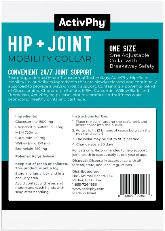 Hip + Joint Mobility Collar for Cats with Glucosamine, Chondroitin, MSM, and More | Convenient & Easy | 30 Days of Continuous Support | Water Resistant, Adjustable