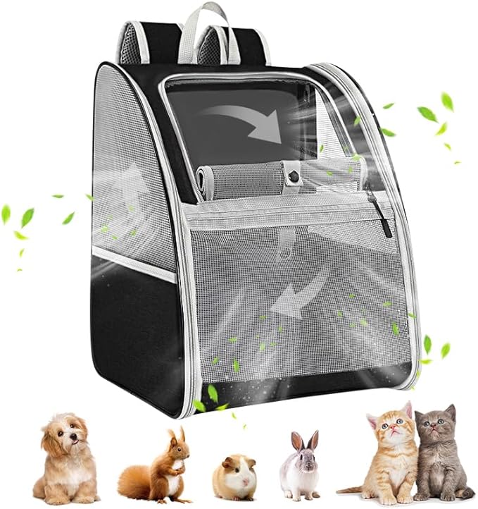 Pawaboo Large Cat Carrier Backpack, Small Dog Carrier Backpack for Small Medium Cats & Puppies, Fully Ventilated Upgraded Steel Frame Bubble Cat Carrier for Hiking Travel Cycling - Black (up to 22lbs)