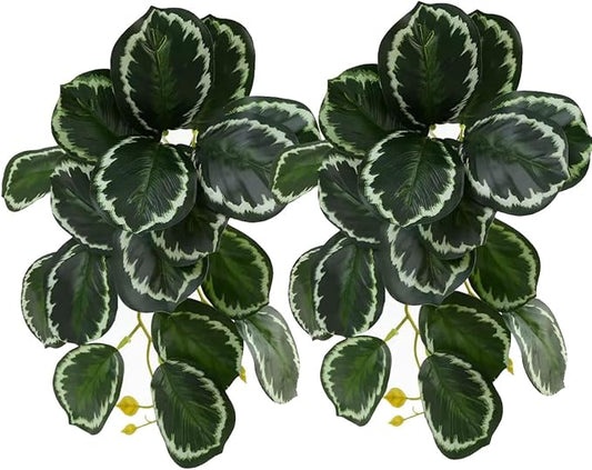 Reptile Plants for Terrarium, Amphibian Habitat Decor Artificial Hanging Plants with Suction Cup, Artificial Plants for Gecko Chameleon Snake Tortoise Tank Accessories. 2-Pack (Calathea makoyana)