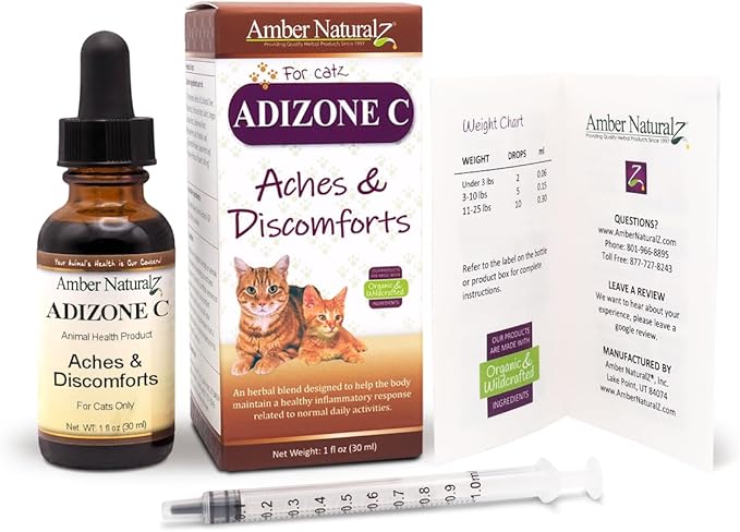 AMBER NATURALZ Adizone C Herbal Supplement for Cats | Feline Herbal Supplement for Occasional Soreness, Stiffness, Aches and Discomfort | 1 Fluid Ounce Glass Bottle | Manufactured in The USA