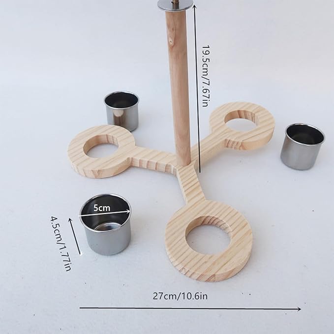 Wooden Bird Perch with 3 Stainless Steel Bird Feeding Dish Cups，Parrot Cage Top Branch Standing Bird Feeder Parrot Food Water Bowls for Parakeets Conures Cockatiels Budgie Parrot