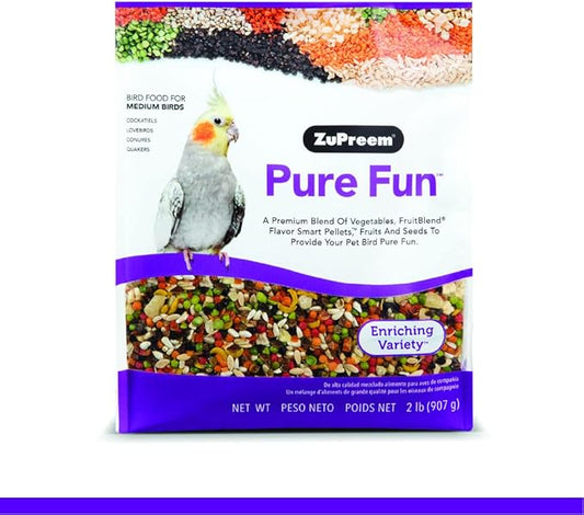 ZuPreem Pure Fun Bird Food for Medium Birds, 2 lb - Variety Blend of Vegetables, FruitBlend Pellets, Fruit, Seeds for Lovebirds, Quakers, Small Conures, Cockatiels