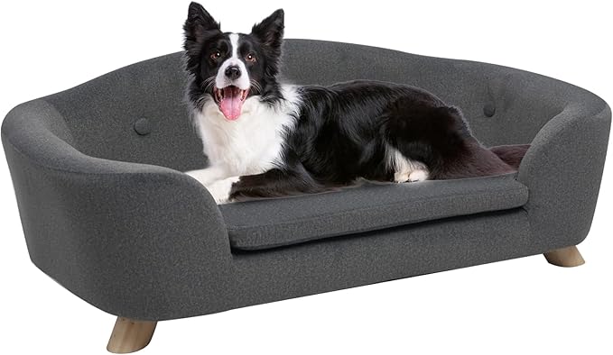 SHAVI Large Dog Couch, 35" Wide Pet Sofa for Large and Medium Dogs with Removable Mattress Cover, Luxury Raised Dog Couch Velvet Lounging Bed with Anti-Slip Bottom(Deep Grey)