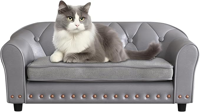 Dog Sofa and Chair/Luxury PU Leather Pet Sofa Chair/with Copper Nail Dog Couch/Wooden Frame Cat Sofa Chair/Dog Sofa Bed with Suede Cushion for Small Dog Using (Grey)