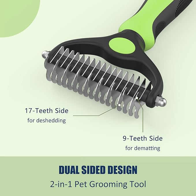 Pet Hair Removal Tool, Dematting and Deshedding Brush for Dogs and Cats, Double Sided Pet Grooming Brush Hair Shedding Comb (Green)