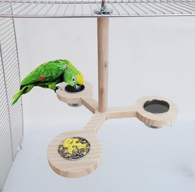 Wooden Bird Perch with 3 Stainless Steel Bird Feeding Dish Cups，Parrot Cage Top Branch Standing Bird Feeder Parrot Food Water Bowls for Parakeets Conures Cockatiels Budgie Parrot