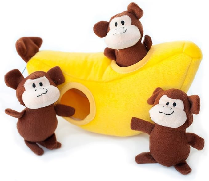 ZippyPaws Burrow, Zoo Friends Monkey 'n Banana - Interactive Dog Toys for Boredom - Hide and Seek Dog Toys, Colorful Squeaky Dog Toys for Small & Medium Dogs, Plush Dog Puzzles