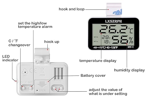 Reptile Thermometer Hygrometer with High Low Temperature Alarm Digital Temperature Humidity Meter Gauge with Hook for Reptile Tanks, Terrariums, Vivariums, Black 1Pack (1Pack)