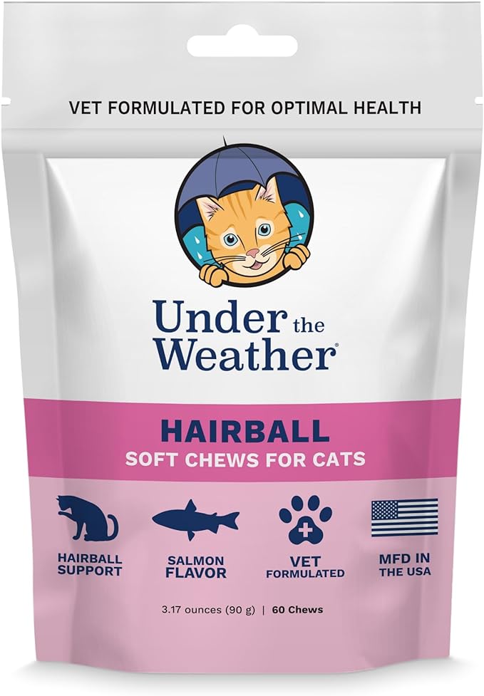 Under the Weather Pet Hairball Support for Cats | for a Normal, Gentle Elimination of Hairballs, Reduce Excessive Licking and Grooming | 60 Star Shaped Soft Chews